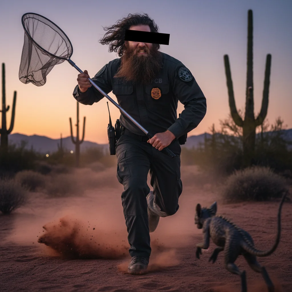 SAIC Briney in motion across the Sonoran Desert at dusk, butterfly net in hand.